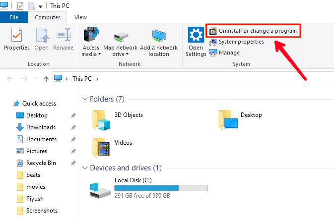Uninstall or Change a Program Option in Windows