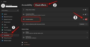 Turning of Animations effects in windows 11