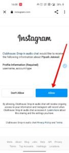 click on allow to join instagram with clubhouse