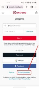 forget password option on OnePlus site